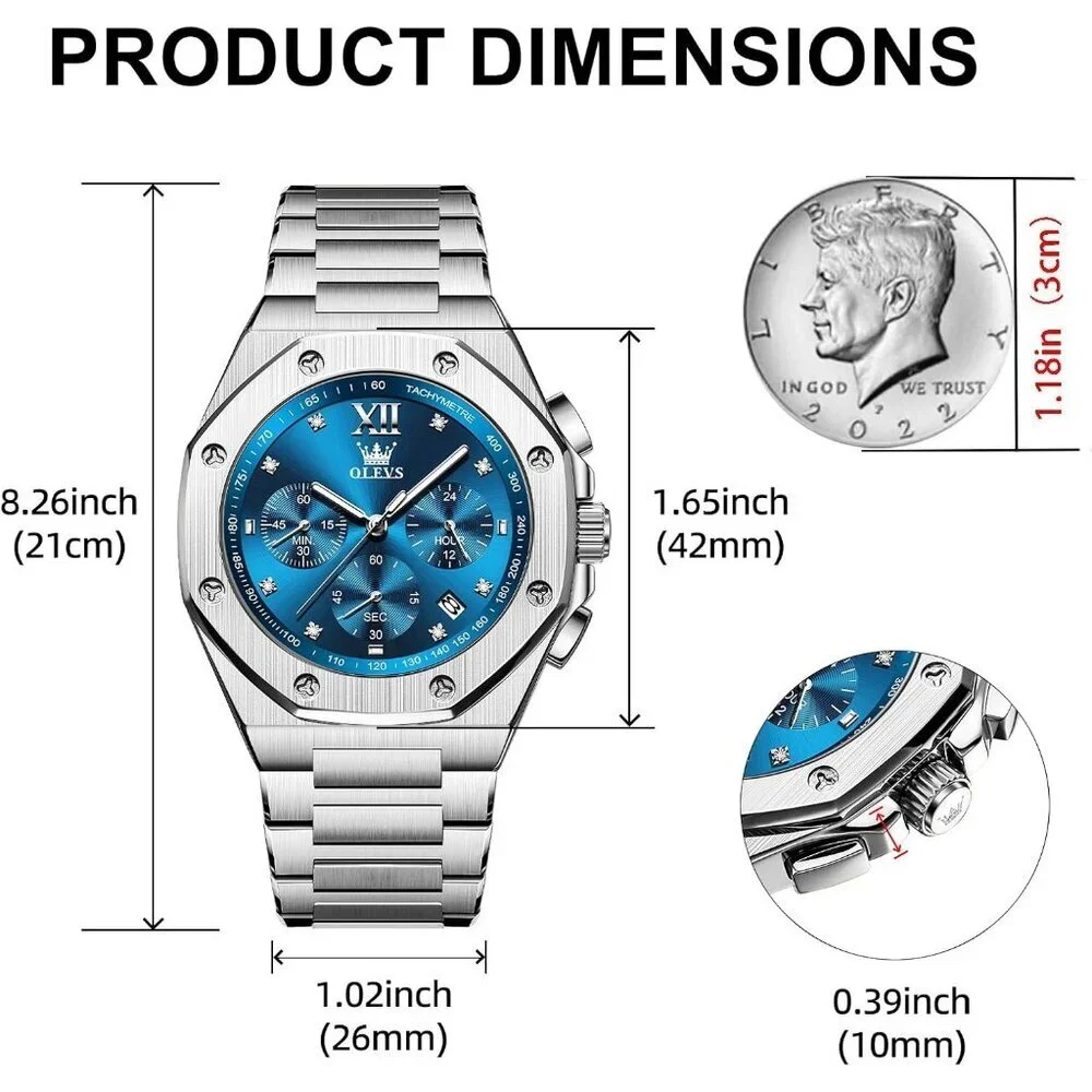 Olevs Men's Silver Blue Stain Steel Man Watch with Date Luminous Stylish Watch